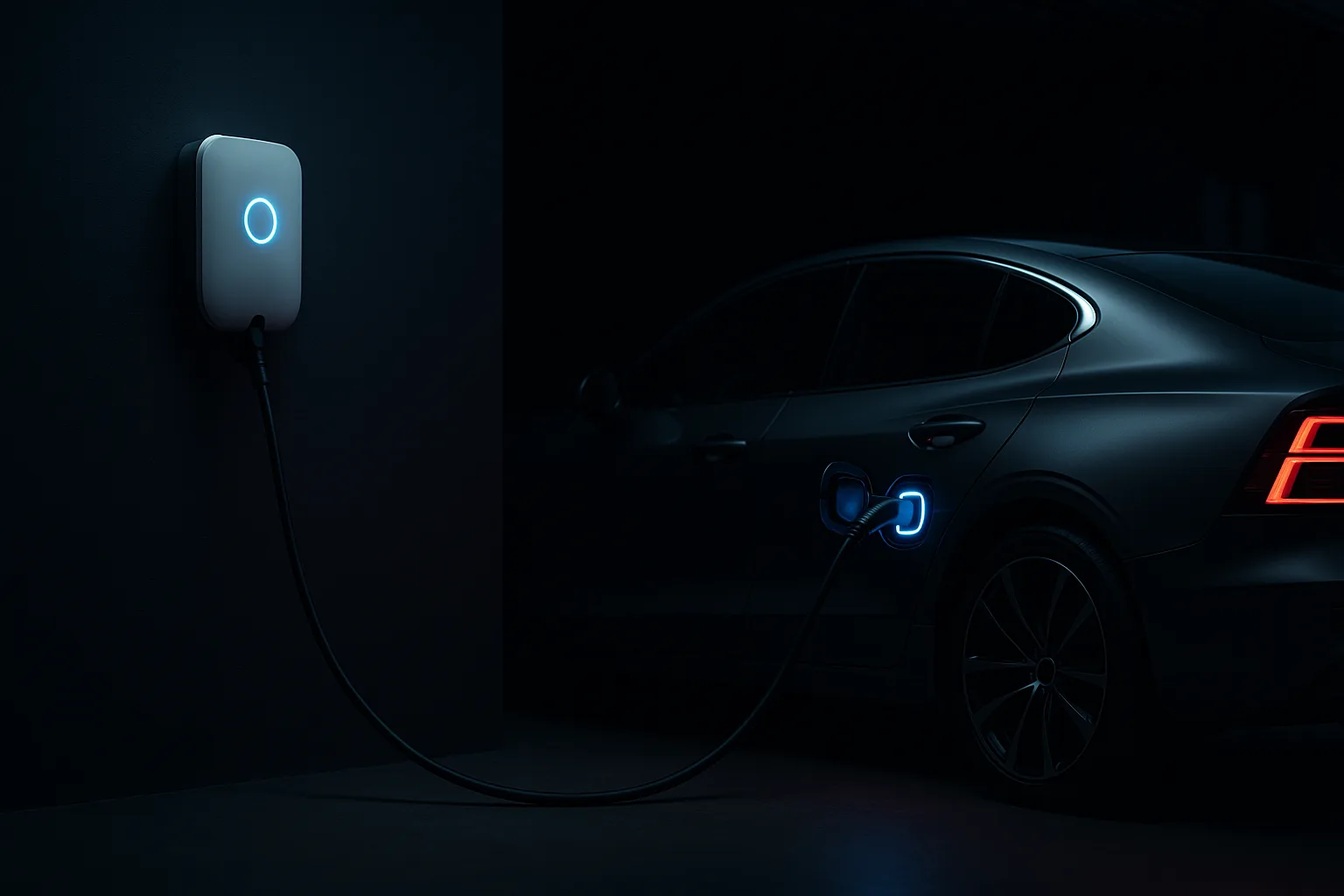 Carro elétrico numa garagem à noite, ligado ao carregador de parede
