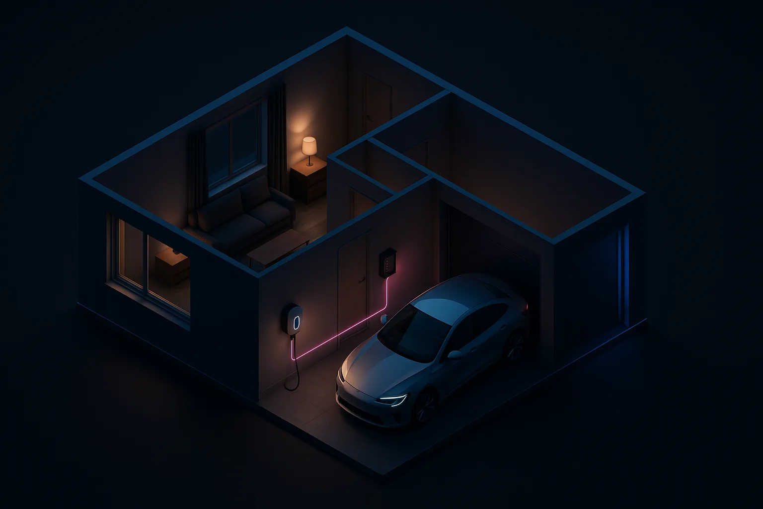 Casa vista de cima, em corte, com o circuito do quadro até o carregador na garagem