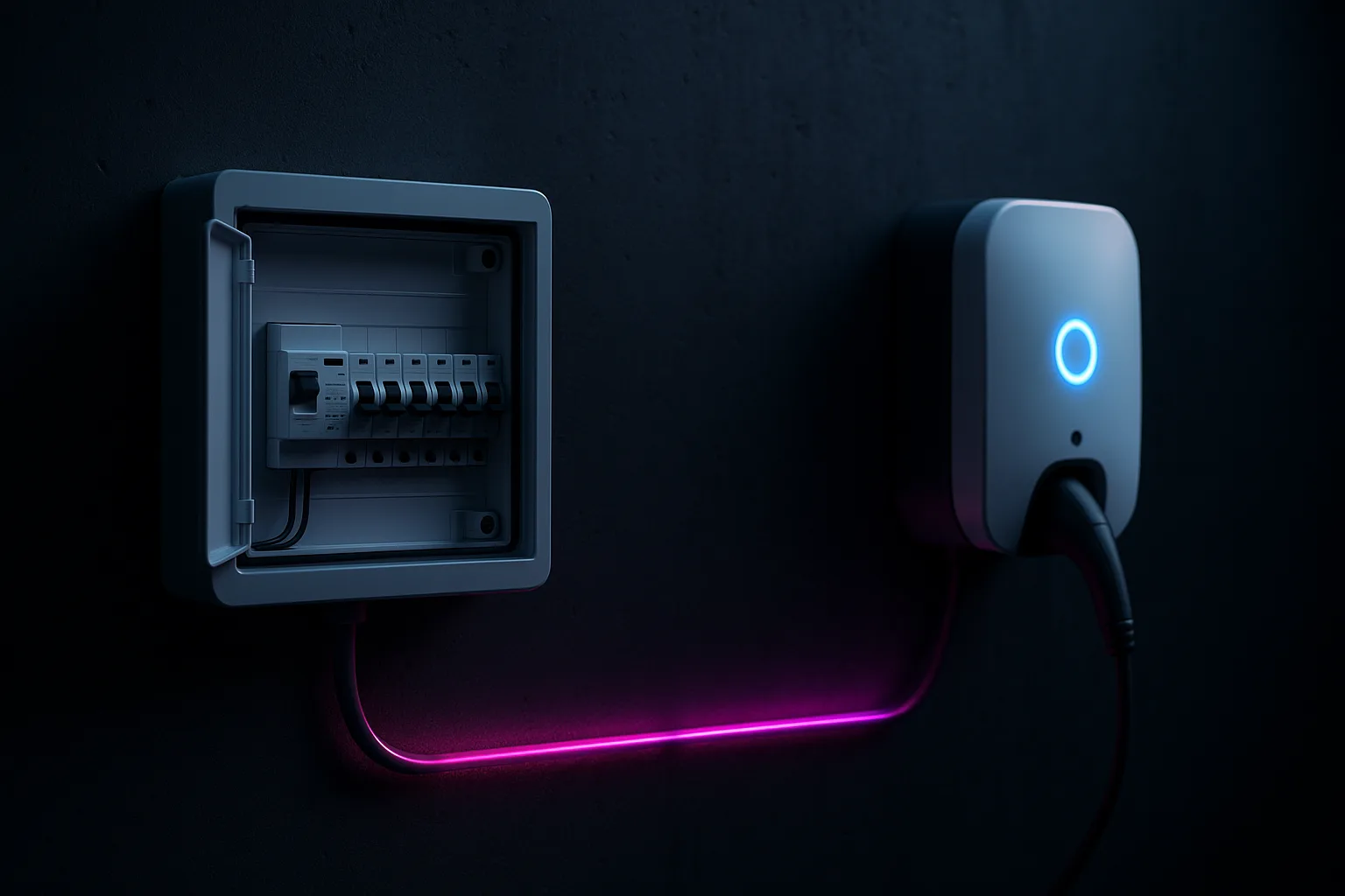 Eletroduto ligando o quadro de distribuição ao carregador de parede numa garagem