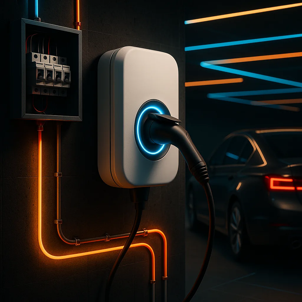 Carregador de parede instalado na garagem, com o quadro aberto ao lado e o eletroduto do circuito exclusivo descendo pela parede