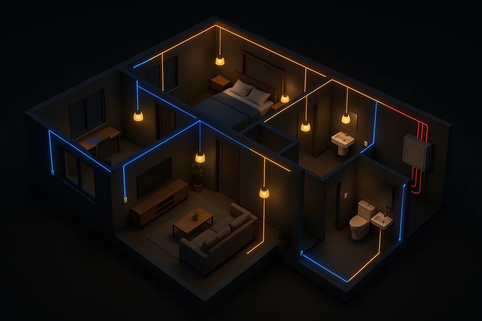 Maquete de uma casa com a instalação acesa: os eletrodutos saem do quadro, correm pelo forro até as luminárias e descem pelas paredes até os interruptores e as tomadas