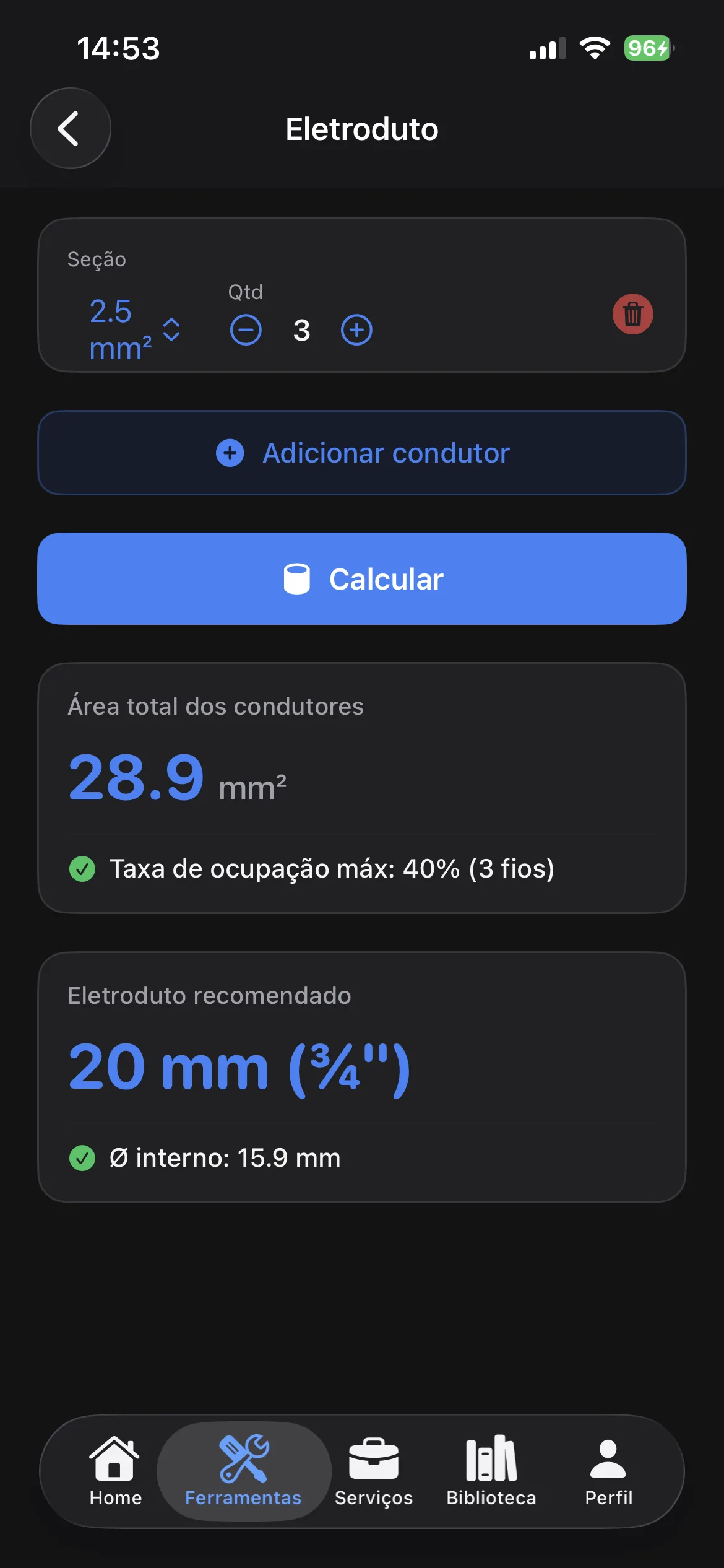 Calculadora Eletroduto - resultado