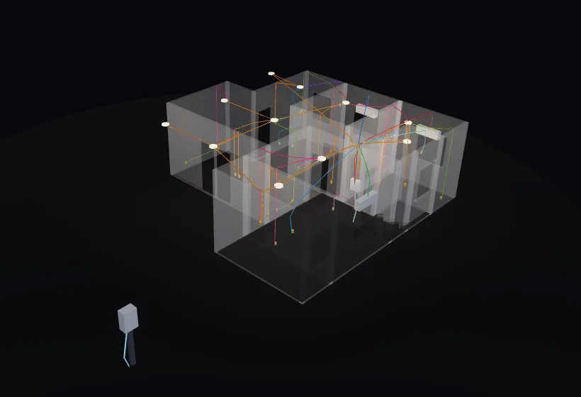 Vista 3D da casa de exemplo no Fase Delta, com os eletrodutos dentro das paredes